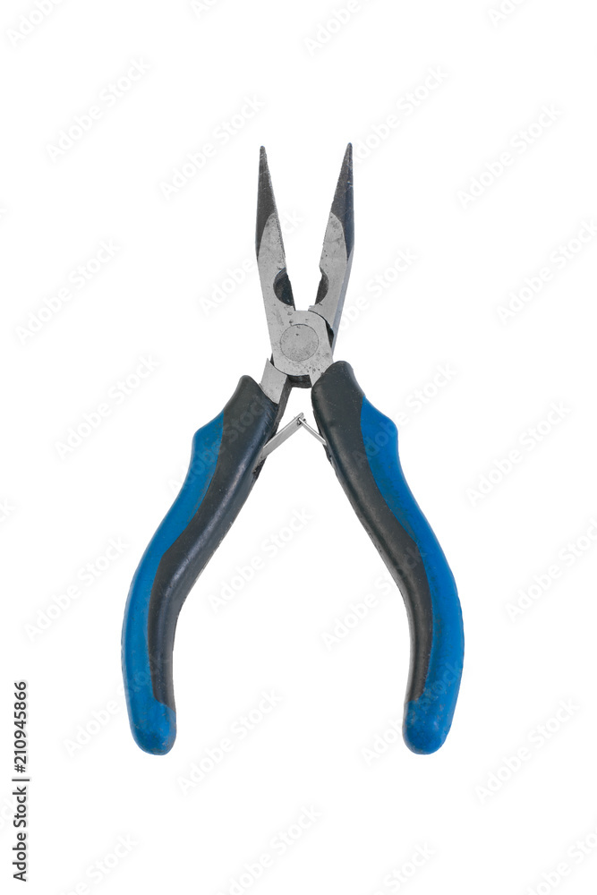 Needle Nose Pliers with blue dielectric handles isolated on white background top view Needle Nose Pliers with blue dielectric handles isolated on white background top view