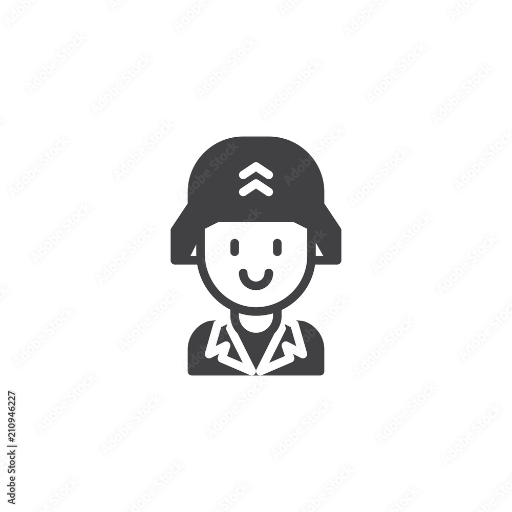 Soldier portrait vector icon. filled flat sign for mobile concept and web design. Military man in soldier helmet simple solid icon. Symbol, logo illustration. Pixel perfect vector graphics