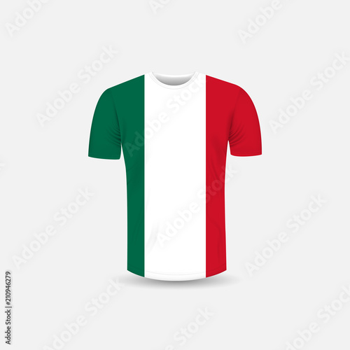 Men's T-shirt icon and Mexico flag background.Round neck Jersey background.Front view.Shadows and highlights mock-up templates.White jersey mock up template design.Vector Illustration