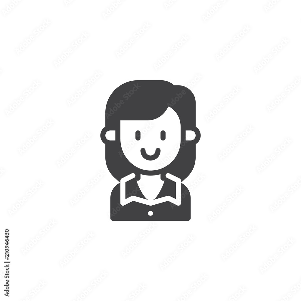 Smiling secretary vector icon. filled flat sign for mobile concept and web design. Female Office Worker simple solid icon. Symbol, logo illustration. Pixel perfect vector graphics