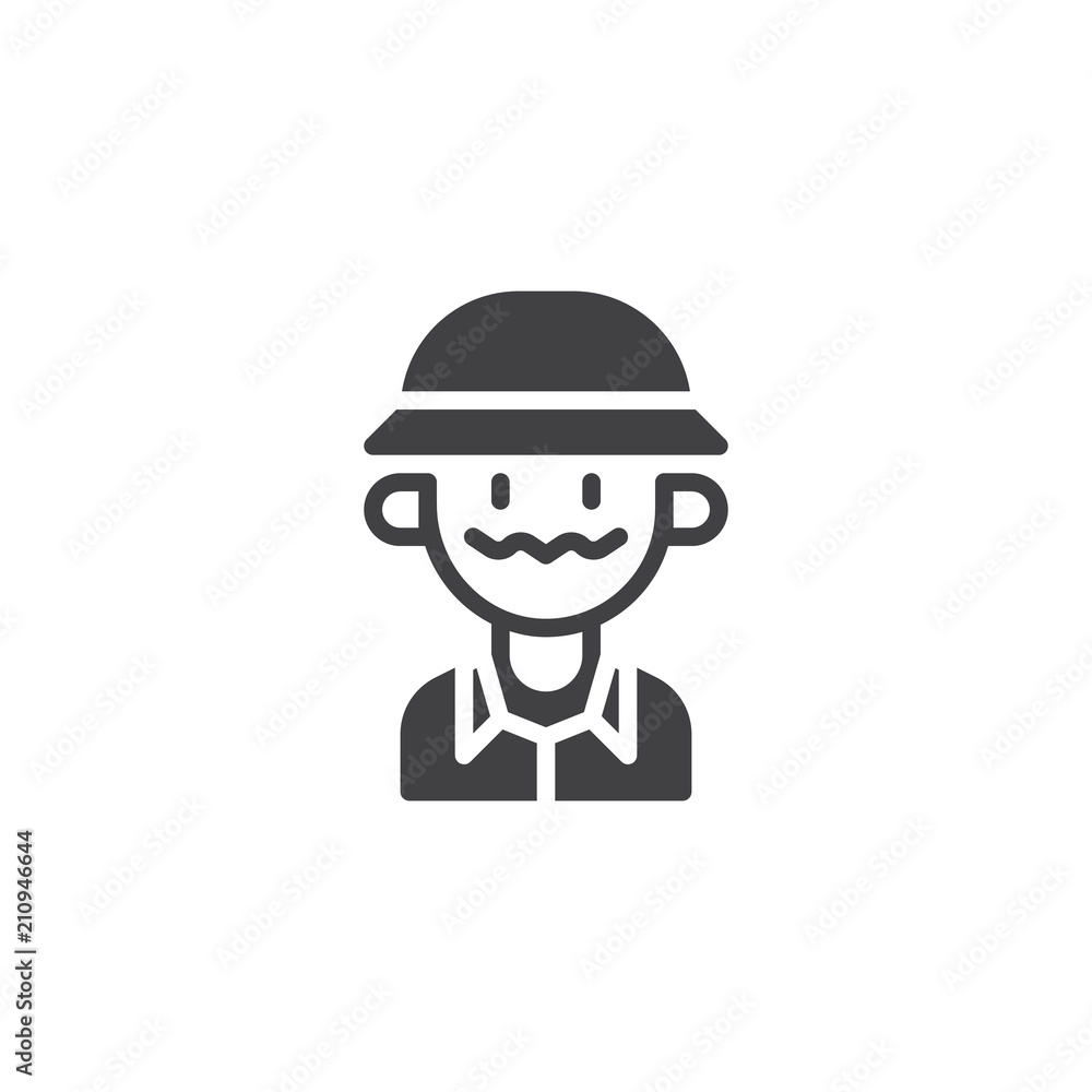 Hunter man in hat vector icon. filled flat sign for mobile concept and web design. Happy hunter simple solid icon. Symbol, logo illustration. Pixel perfect vector graphics