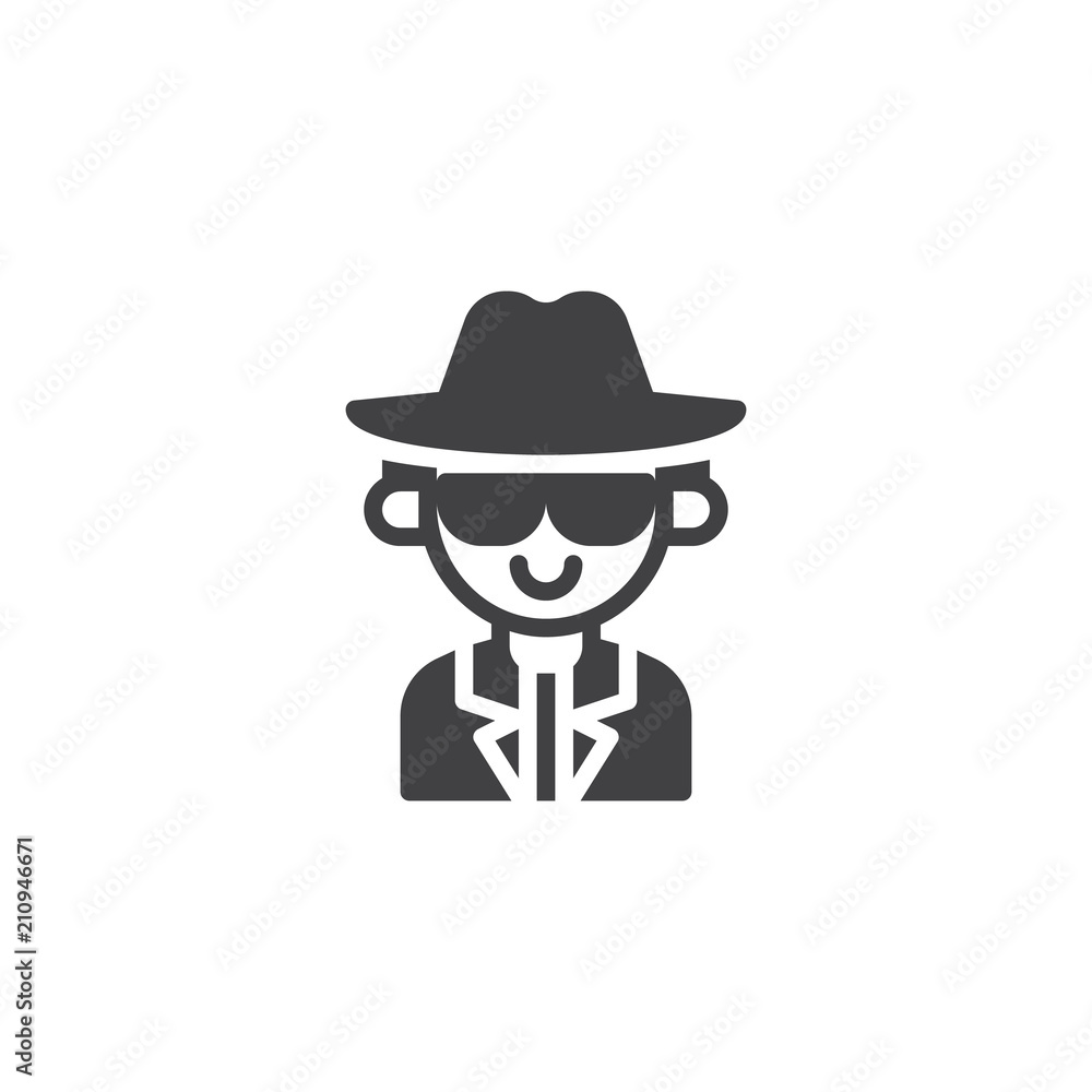 Detective man vector icon. filled flat sign for mobile concept and web design. Spy agent simple solid icon. Symbol, logo illustration. Pixel perfect vector graphics