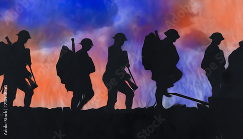 Outline of WWI soldiers walking over colourful blasts