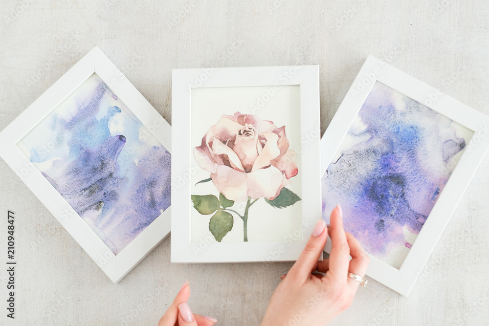 Fototapeta premium creative leisure. painting hobby. artful personality. talented watercolor abstract drawings and picture of a rose