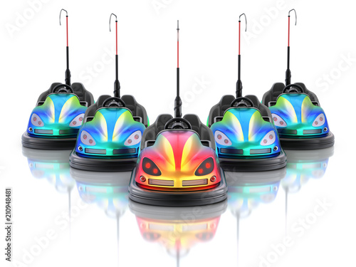 Schilderij op canvas Leadership concept with electric bumper cars over white reflective background
