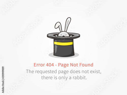 Error 404 page with a little rabbit with a hat vector design. Website 404 page creative concept. 404 web page error creative design. Modern 404 page not found concept.