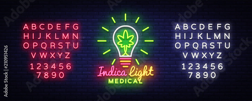 Marijuana Medical Logo Neon Vector. Design Concept Cannabis, Indica Light, storing and growing cannabino medical equipment, light banner. Vector illustration. Editing text neon sign