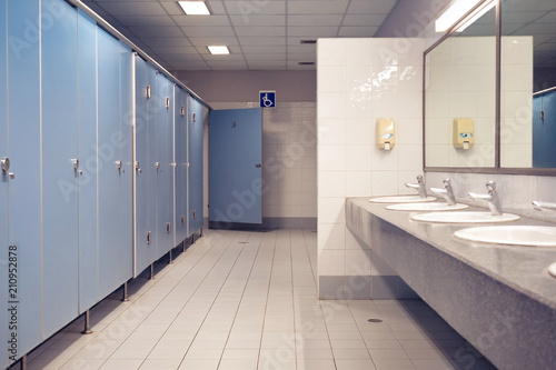 Public toilet and Bathroom interior with wash basin and toilet room.