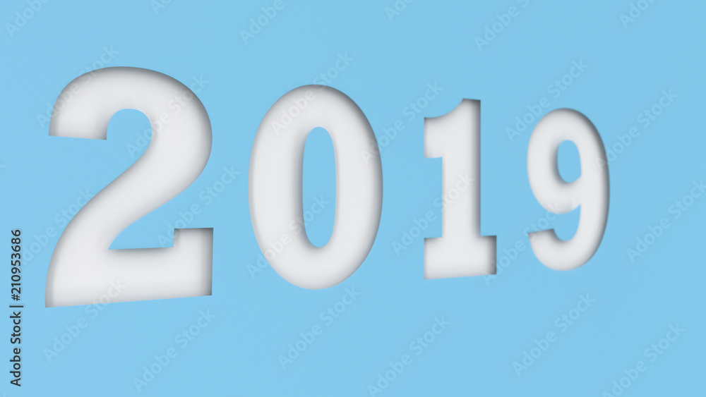 White 2019 number cut in blue paper