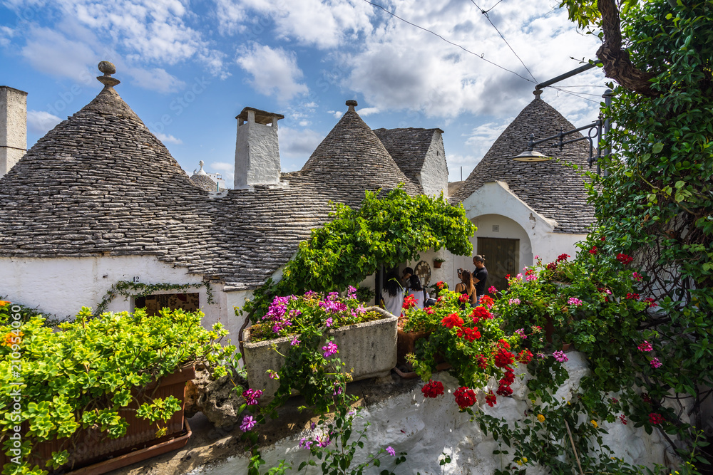 Colorful plants and flowers decorating the trulli of Alberobello, Apulia, Italy