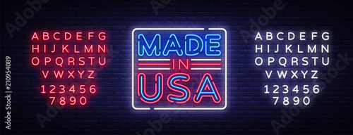 Made in USA neon vector sign. Made in USA symbol banner light, bright night Illustration. Vector illustration. Editing text neon sign