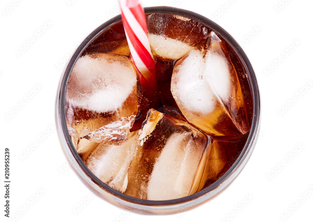 Cola in glass with straw and ice cubes isolated on white background. Soda with bubbles isolated on white. Refreshing non-alcoholic drink - obrazy, fototapety, plakaty 