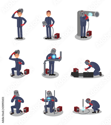 Flat vector set with welder in different actions. Professional at work. Young worker in protective outfit. Man using welding machine