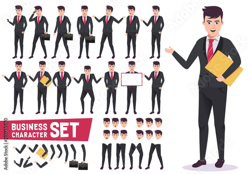 Business characters vector set with professional male office worker wearing corporate black suit and have  pose and gestures for presentation in white background. Vector illustration.
