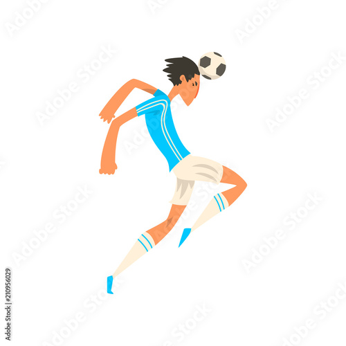 Soccer player in white and blue uniform heading soccer ball, vector Illustration on a white background © topvectors