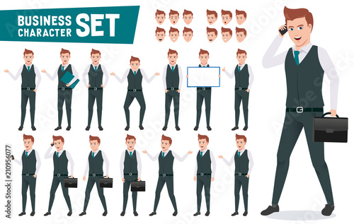 Business characters vector set with businessman wearing office attire talking on phone and have different posture and gesture for presentation. Vector illustration.
