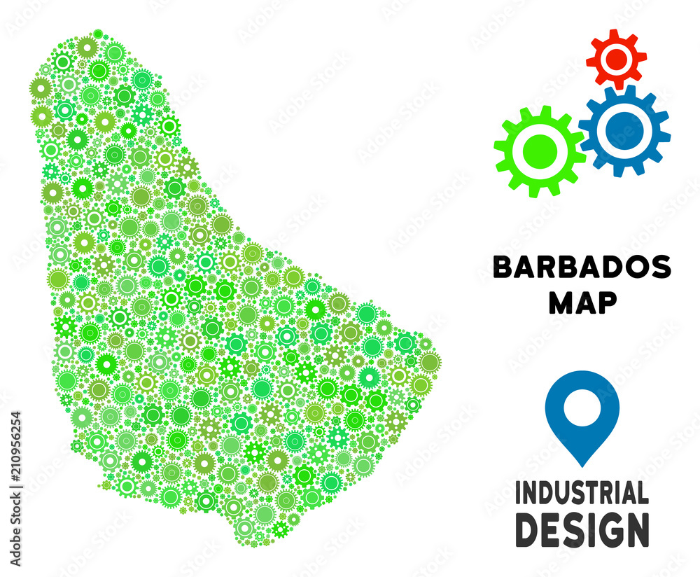 Gear Barbados map mosaic of small wheels. Abstract territory plan in