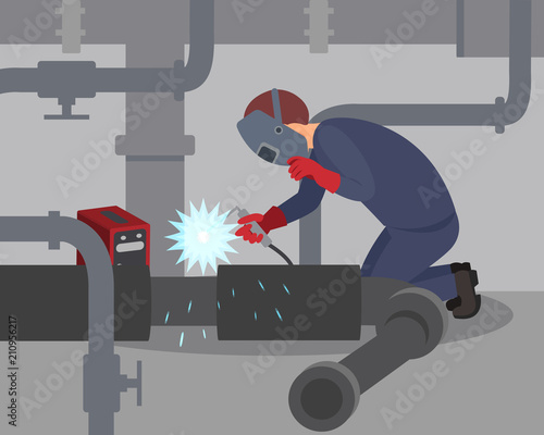 Worker welds large metal pipes at basement. Professional welder at work. Man in protective mask and gloves. Flat vector design