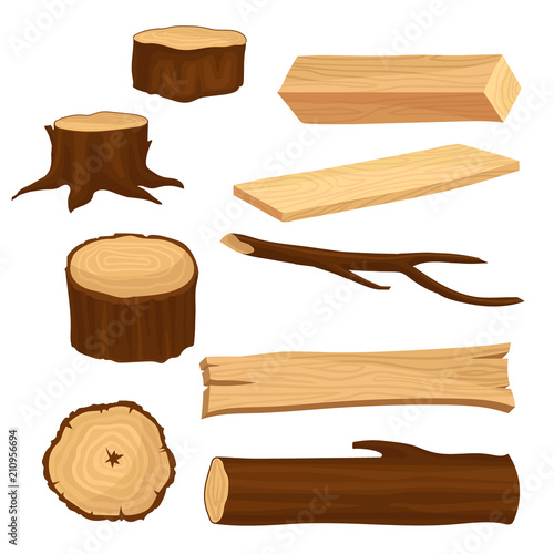 Flat vector set of materials for wood industry. Old tree stumps and branch, long beam and planks, wooden log. Natural forest elements