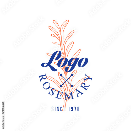 Rosemary logo since 1978, culinary spicy herb retro emblem vector Illustration on a white background