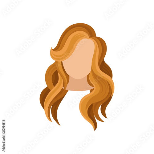 Flat vector icon of woman s head with long curly brown hair. Trendy haircut. Fashionable female hairstyle