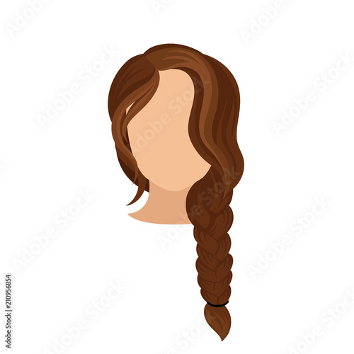 Woman s head with long french braid. Dark brown hair. Fashionable female hairstyle. Flat vector for poster of hairdressing salon