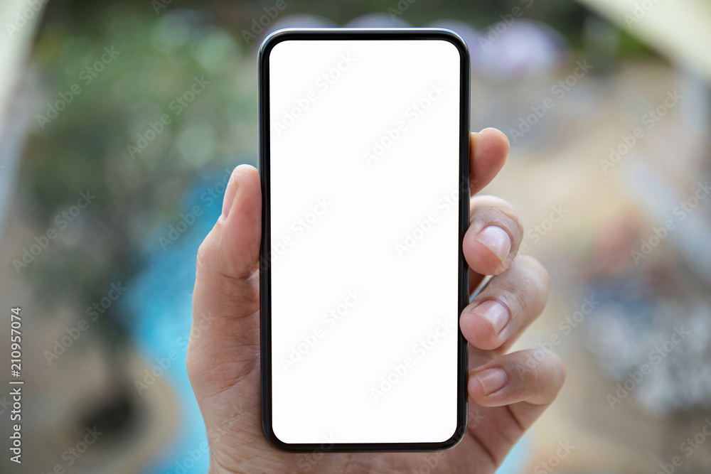 man hand holding phone with isolated screen background pool man hand holding phone with isolated screen background pool