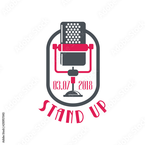 Stand up logo, comedy show poster with retro microphone and date vector Illustration on a white background