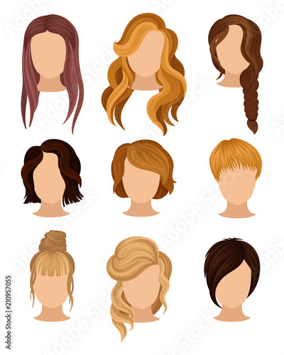 Flat vector set of women s heads with various trendy hairstyles. Long and short haircuts. Elements for poster of hairdressing salon