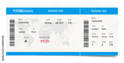 Airplane boarding pass design. Plane travel ticket illustration. Air admission template.