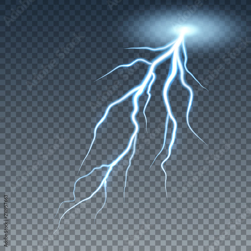 Realistic lightning and thunder bolt. Illustration isolated on transparent background. Graphic concept for your design