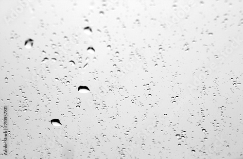 Rain drops on car window in black and white with blur effect.