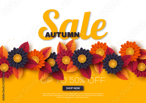 Autumn sale banner with 3d leaves and flowers. Yellow, white background - template for seasonal discounts. Vector illustration.