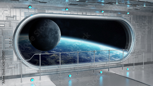 Fototapeta Naklejka Na Ścianę i Meble -  White tech spaceship round window interior background 3D rendering