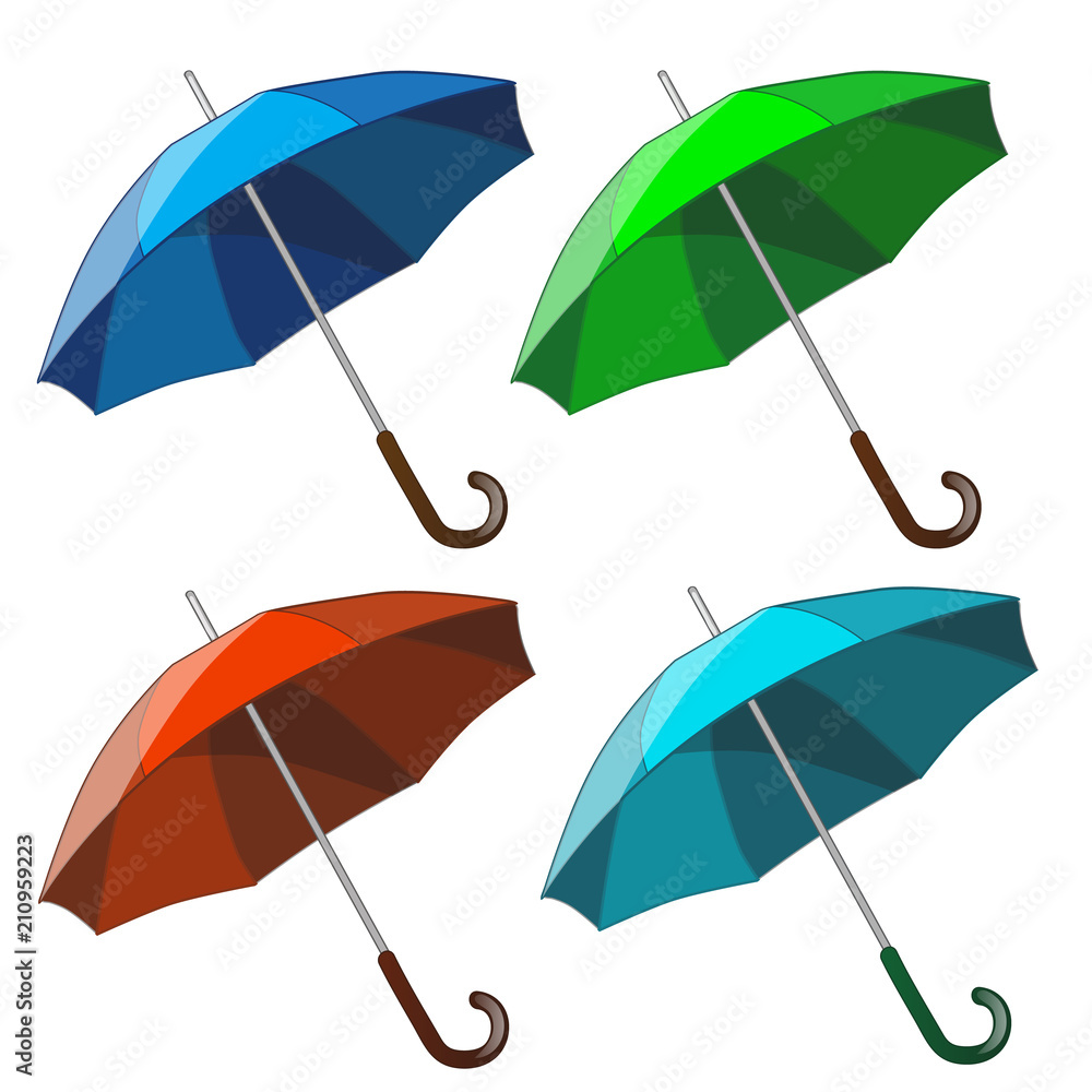 Set of colorful umbrellas isolated on white background. Vector cartoon close-up illustration.