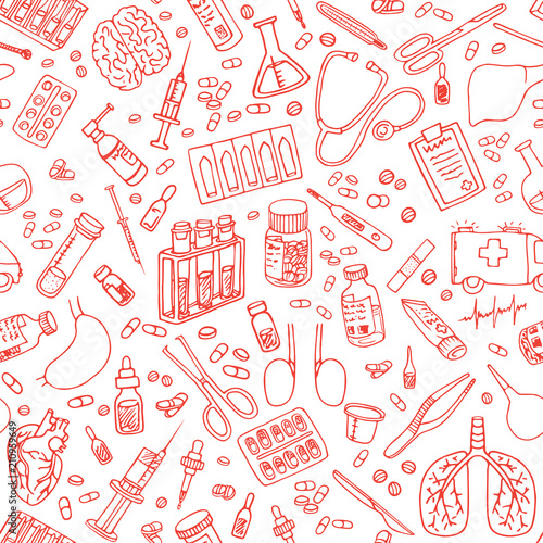 hand drawn medicine doodle seamless vector pattern