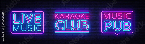 Live Music neon signs collection vector. Karaoke Club design template neon sign, light banner, neon signboard, nightly bright advertising, light inscription. Vector illustration