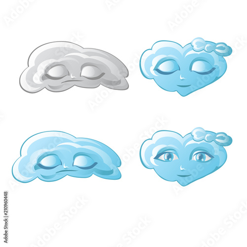 Set of clouds in the shape of human faces isolated on white background. Vector cartoon close-up illustration.