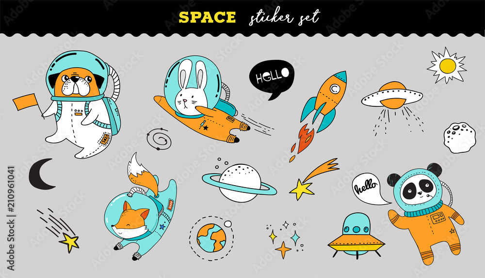 Outer Space sticker collection. Cute animals illustrations Outer Space sticker collection. Cute animals illustrations