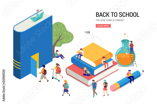 Back to school, books, education and research concept. College and university scene