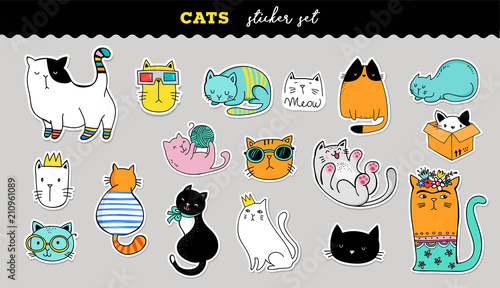 Cats cute sticker collection. Vector hand drawn illustrations