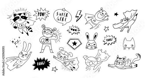 Superhero cute hand drawn animals, cat, dog, panda, bear and crocodile vector characters