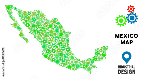 Gear Mexico map composition of small gearwheels. Abstract territorial scheme in green shades. Vector Mexico map is organized of cogs. Concept of industrial work.