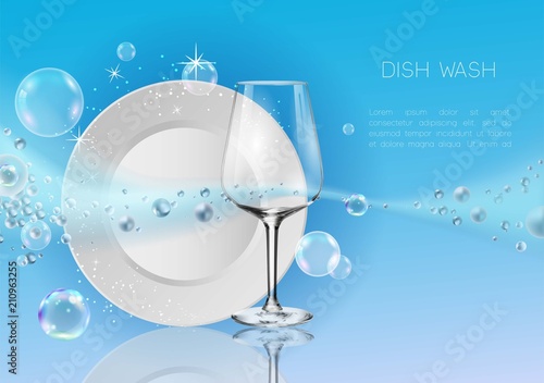A clean plate and wine glass in soap bubbles.	