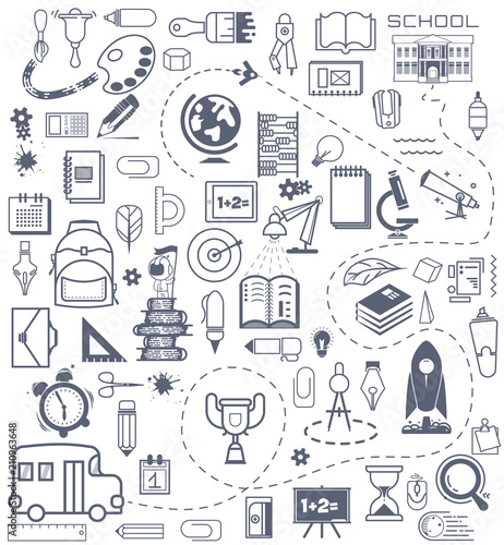 Concept of education. School background with hand drawn school supplies numbers. Monochrome pattern.