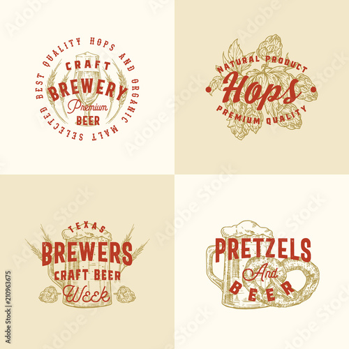 Brewery Premium Abstract Vector Signs, Symbols or Logo Templates Set. Hand Drawn Retro Glasses, Hops, Pretzel and Wheat with Classic Typography. Vintage Beer Emblems or Labels.