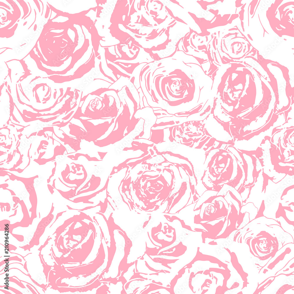Fototapeta A lot of beautiful bright pink rosebuds on white, lovely seamless pattern