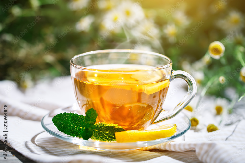 Cup with hot tea with mint and a thyme on a wooden table in a summer garden. Cup with hot tea with mint and a thyme on a wooden table in a summer garden.