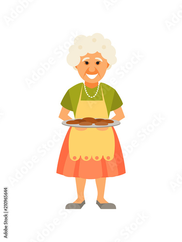 Smiling cartoon grandmother with pies. Vector illustration