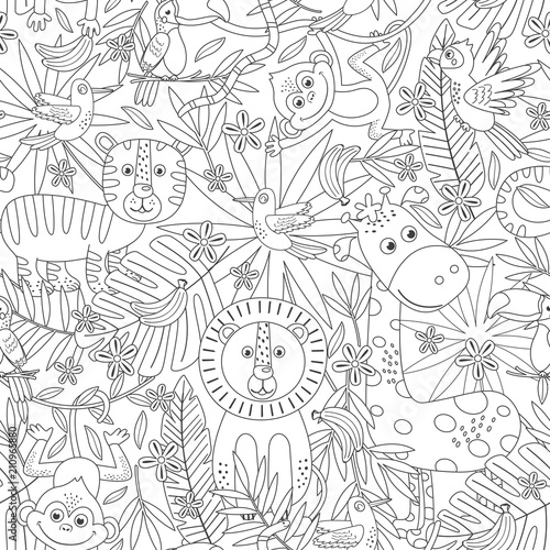 coloring seamless pattern with jungle animals  - vector illustration, eps